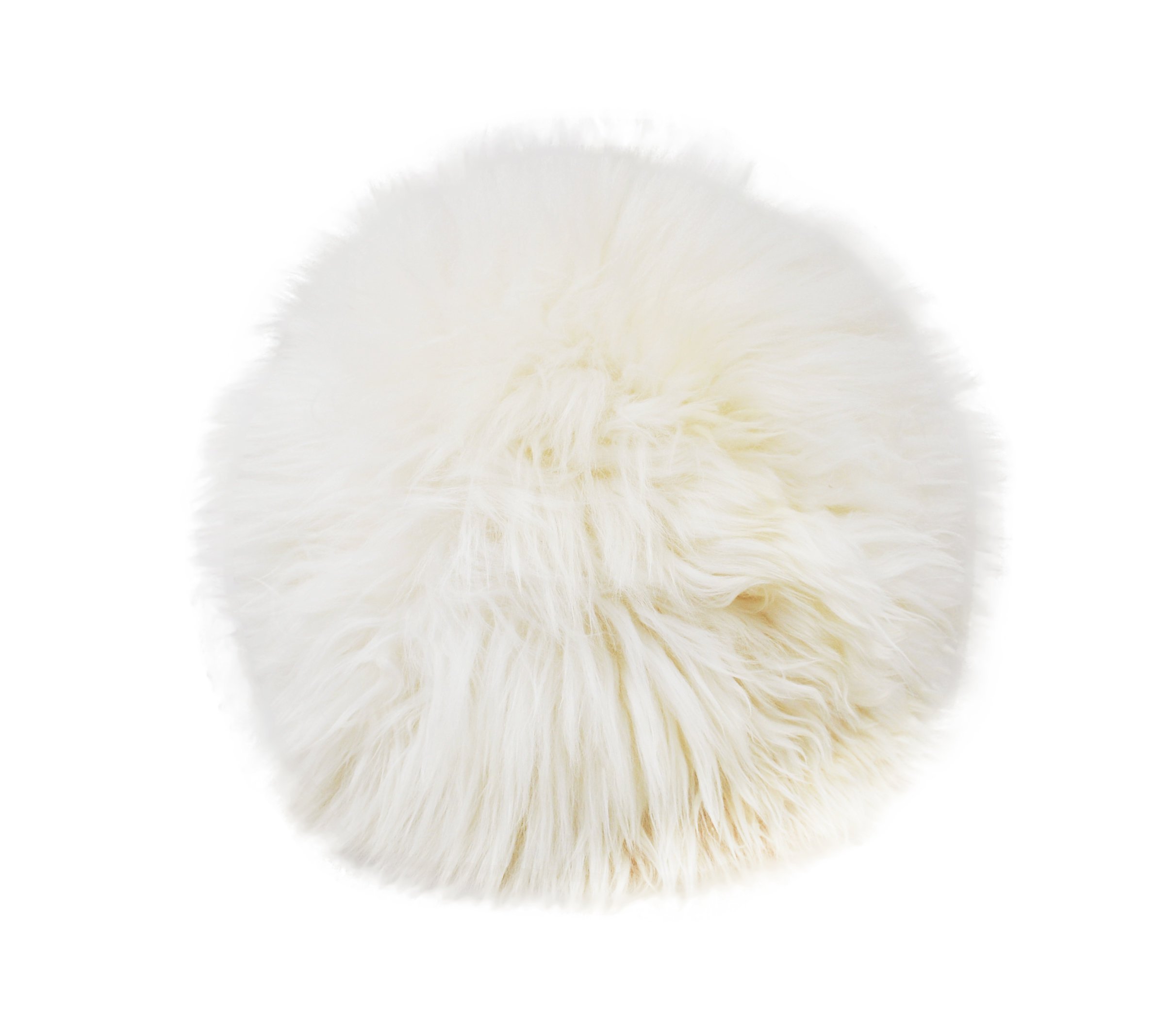 A decorative round furry pillow made from 100% natural sheepskin, showcasing its soft texture and luxurious appearance.