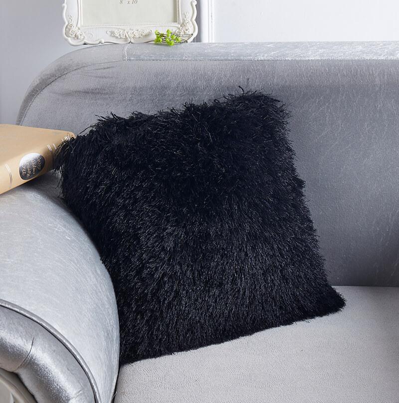 Decorative Shaggy Black Square Pillow with plush texture and modern design, perfect for home decor.