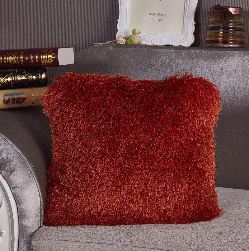 Decorative Shaggy Pillow in Rust color, hand tufted, square shape, 18x18 inches, soft and cozy texture.