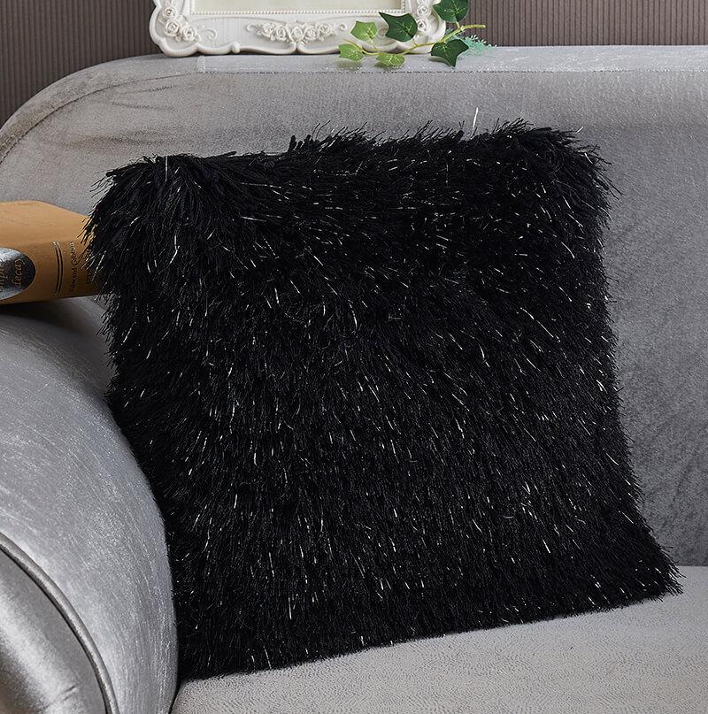 Black decorative shaggy pillow with Lurex, hand tufted, 18x18 inches, soft and luxurious texture.