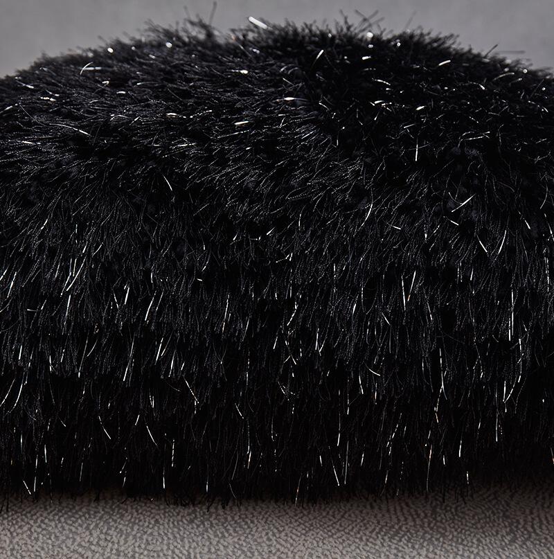 Black decorative shaggy pillow with Lurex, hand tufted, 18x18 inches, soft and luxurious texture.