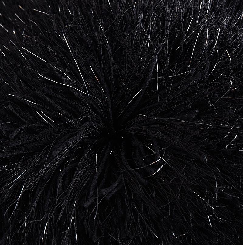 Black decorative shaggy pillow with Lurex, hand tufted, 18x18 inches, soft and luxurious texture.