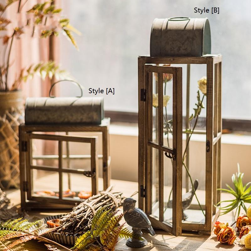 A beautifully crafted decorative table lantern made of wood and glass, featuring a rustic design with a candle inside, perfect for home decor.