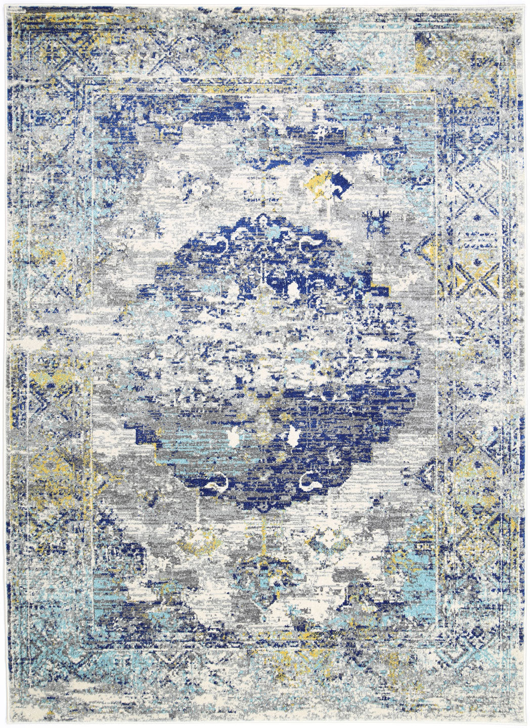 Delicate Blue Green Distressed Rug measuring 200x290 cm with a chic medallion pattern and vintage distressed design.