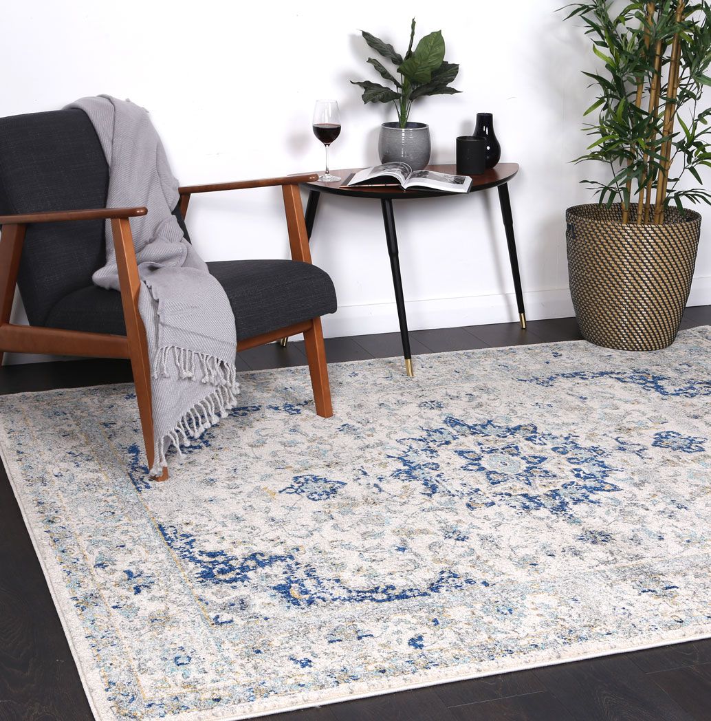 Delicate Navy Blue Traditional Rug measuring 160x230 cm with a chic medallion pattern and distressed design, perfect for enhancing home decor.