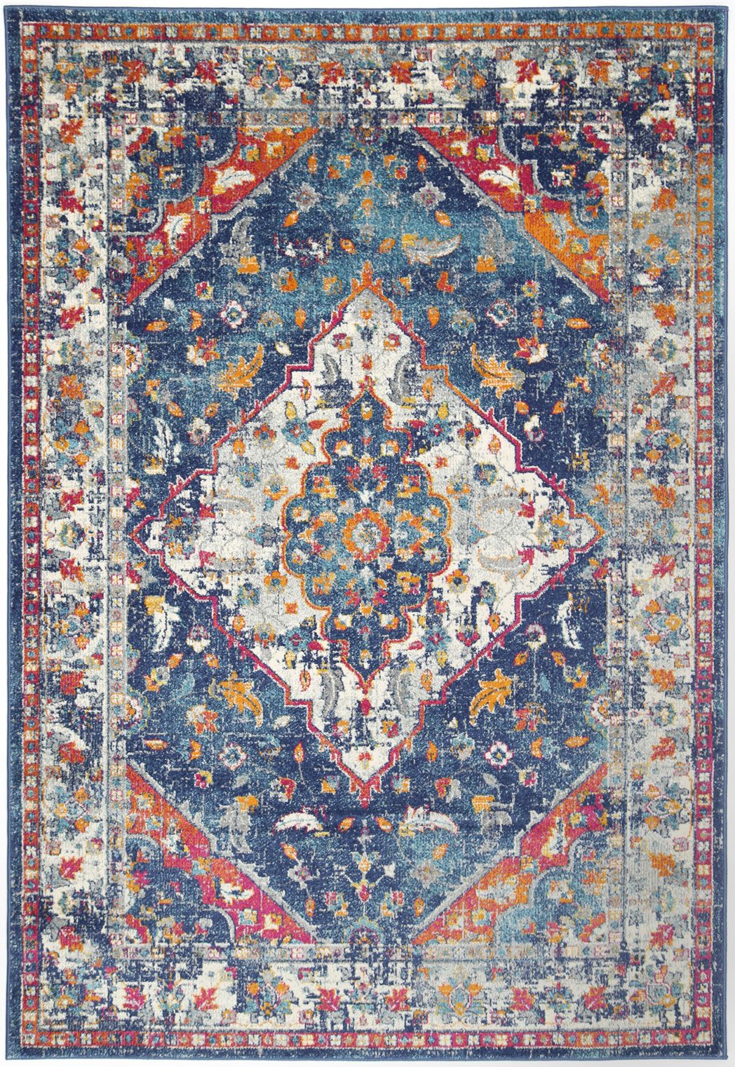 Delicate Navy Multi Oriental Rug measuring 160x230 cm with a chic medallion pattern and distressed design, perfect for modern and vintage decor.