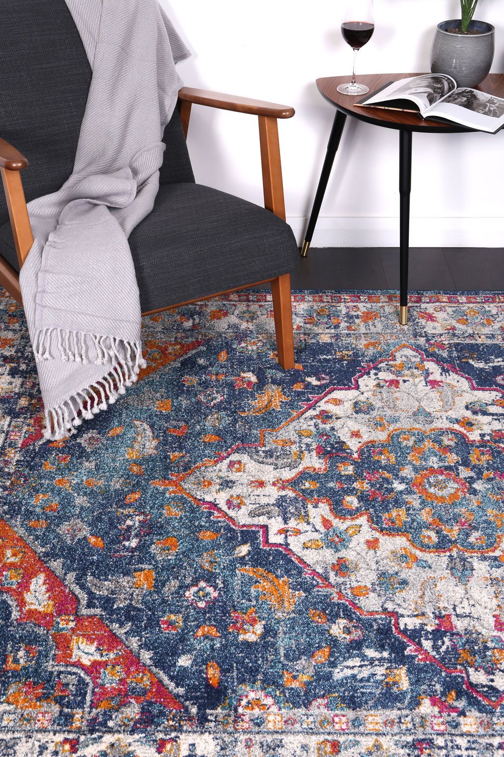 Delicate Navy Multi Oriental Rug measuring 160x230 cm with a chic medallion pattern and distressed design, perfect for modern and vintage decor.