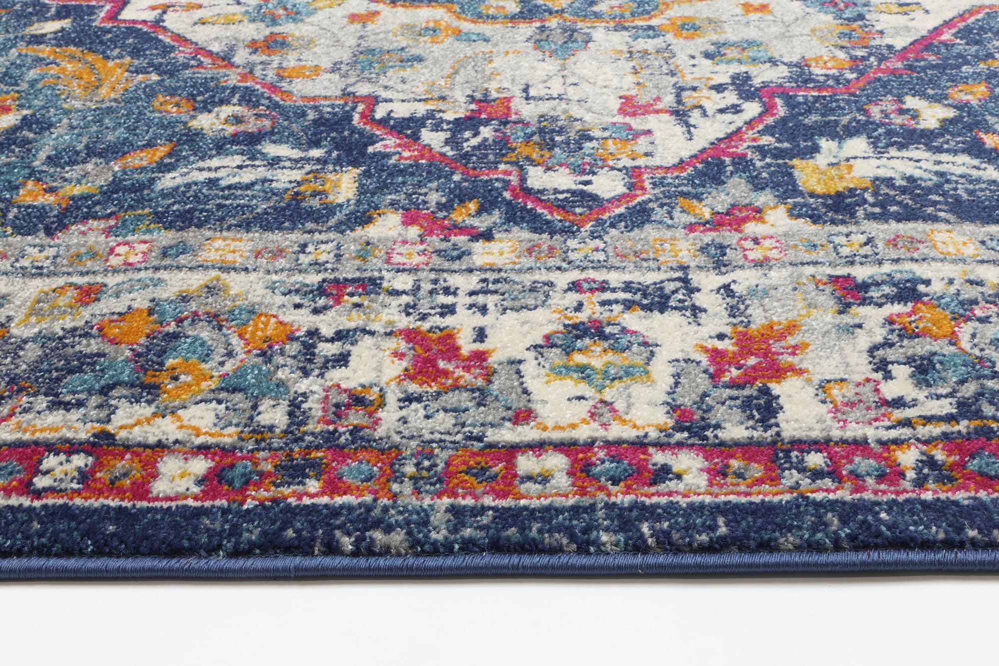 Delicate Navy Multi Oriental Rug measuring 160x230 cm with a chic medallion pattern and distressed design, perfect for modern and vintage decor.