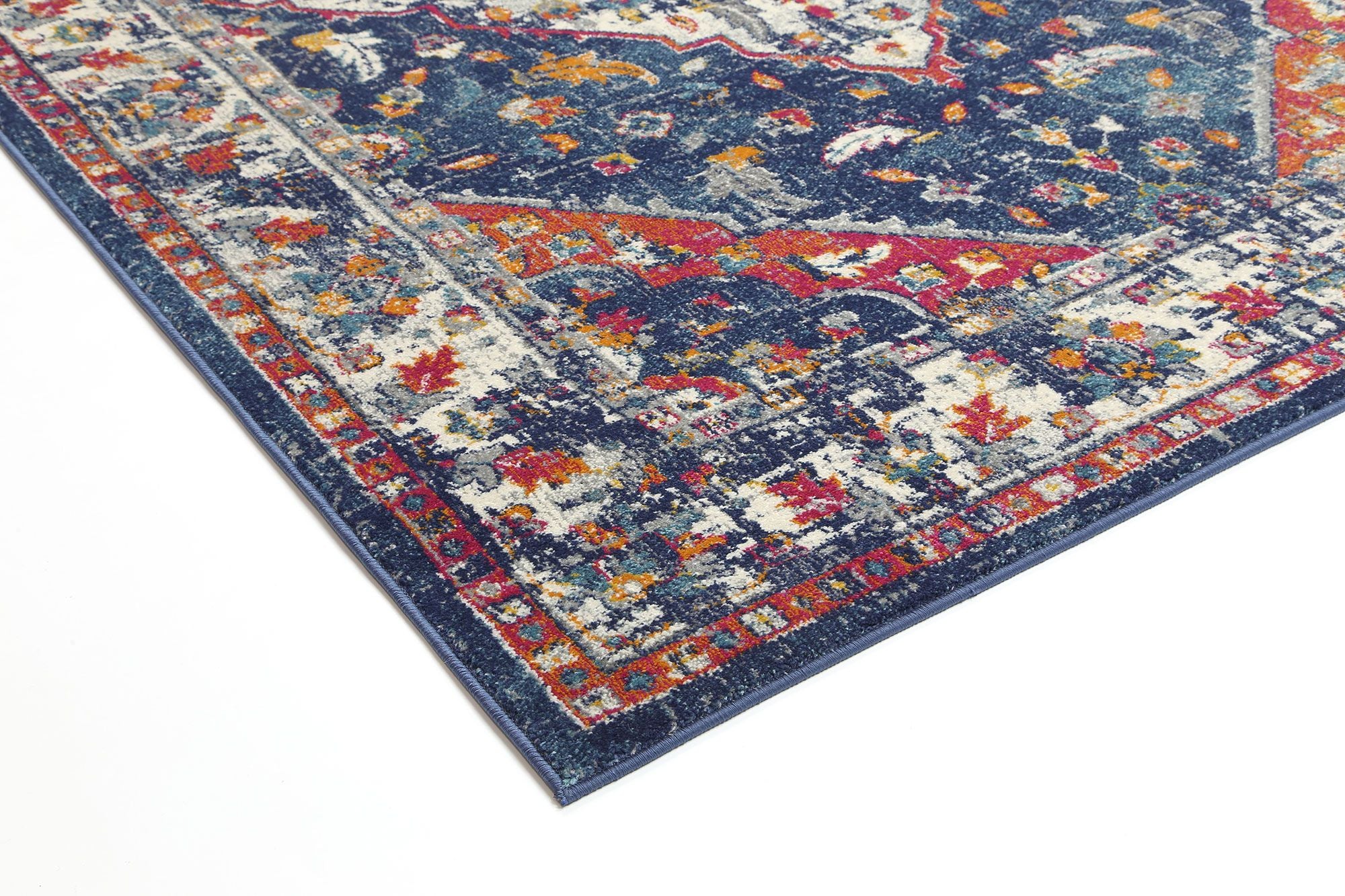 Delicate Navy Multi Oriental Rug measuring 160x230 cm with a chic medallion pattern and distressed design, perfect for modern and vintage decor.