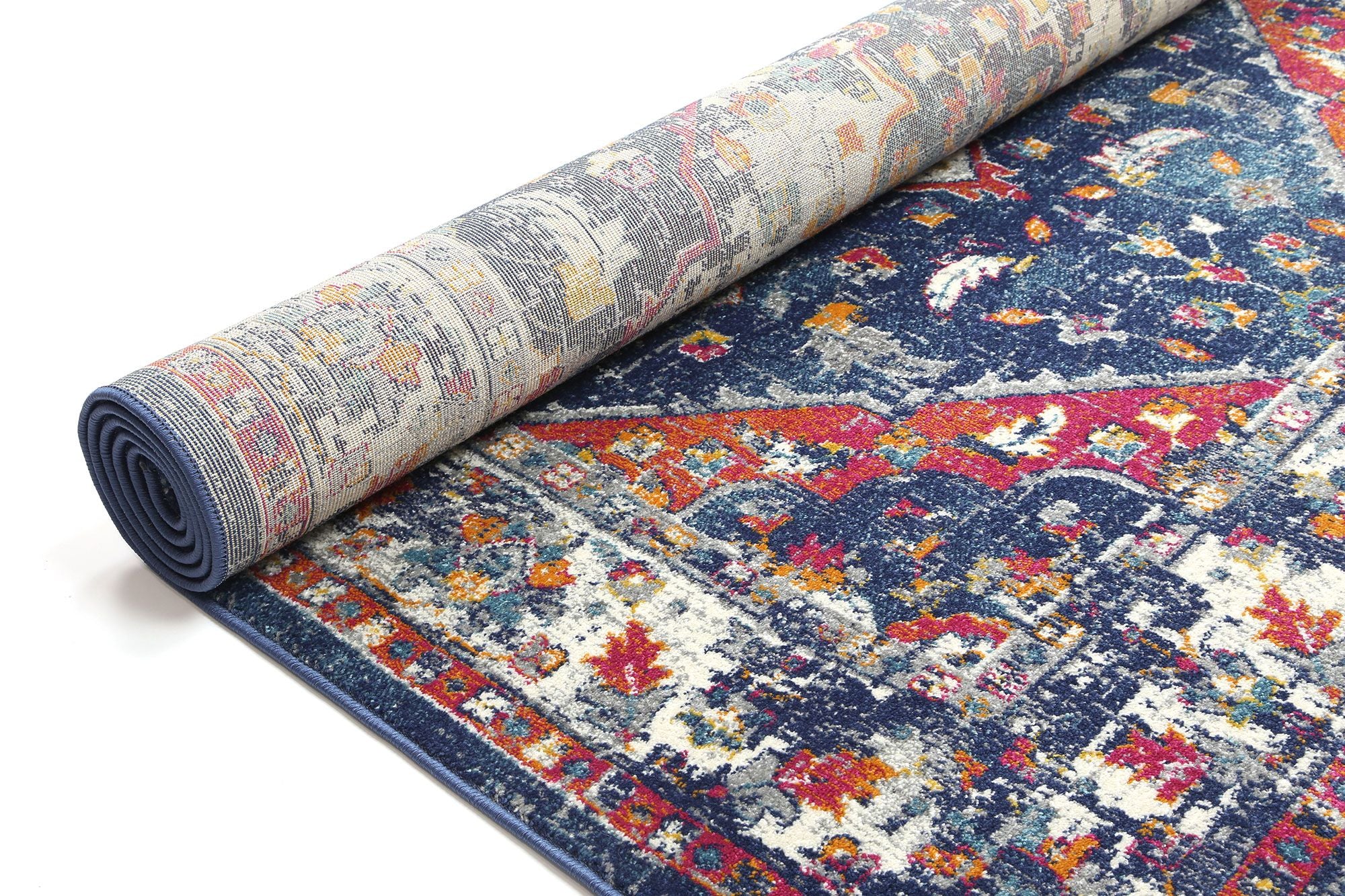 Delicate Navy Multi Oriental Rug measuring 160x230 cm with a chic medallion pattern and distressed design, perfect for modern and vintage decor.