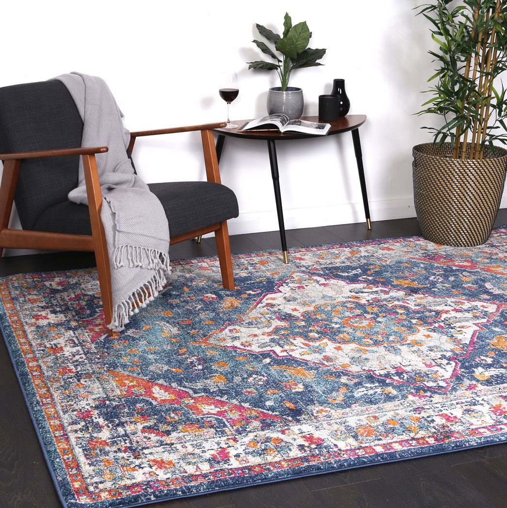 Delicate Navy Multi Oriental Rug measuring 160x230 cm with a chic medallion pattern and distressed design, perfect for modern and vintage decor.