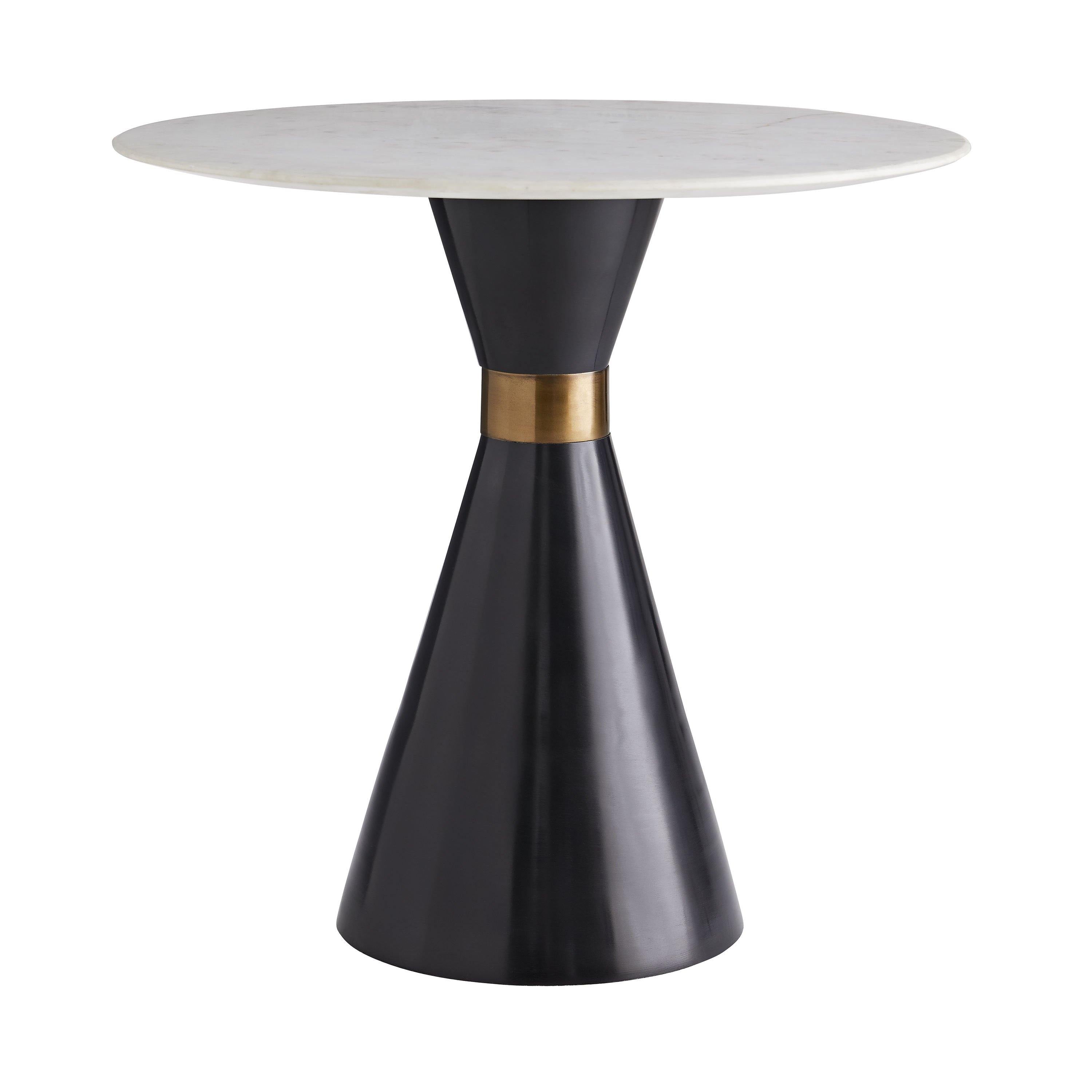 Denali Accent Table featuring a white marble top and bronze hourglass pedestal with antique brass detailing.