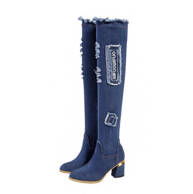 Denim stretch women's over-the-knee long boots featuring a chunky metal heel, stylish patchwork design, and round toe.