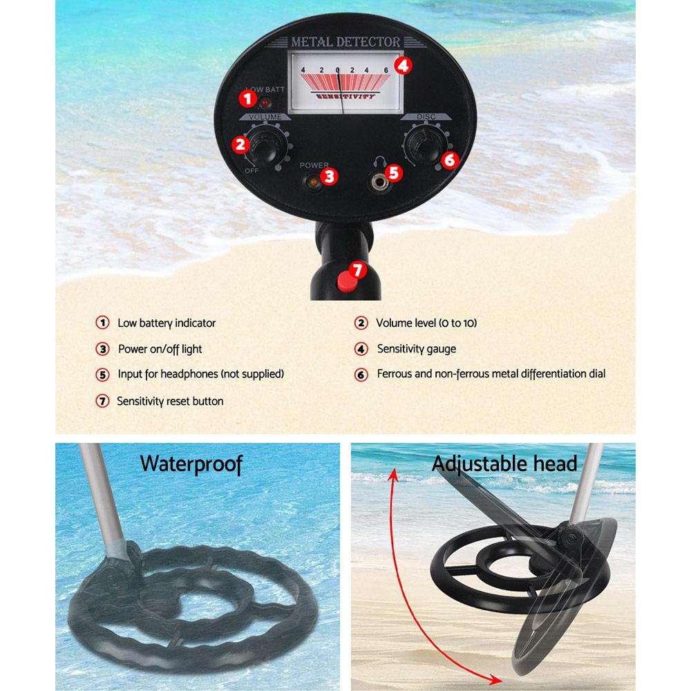 Deep Metal Detector in black color with adjustable length and waterproof search coil, ideal for treasure hunting.