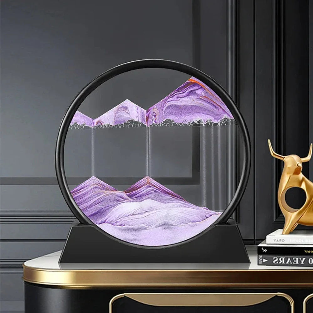 A beautiful 3D sand art piece depicting ocean waves, with layers of sand creating a mesmerizing effect, set in a round glass frame.