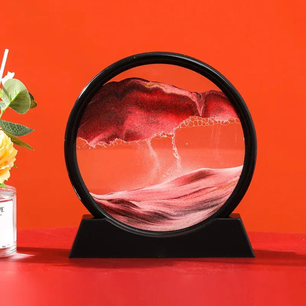 A beautiful 3D sand art piece depicting ocean waves, with layers of sand creating a mesmerizing effect, set in a round glass frame.