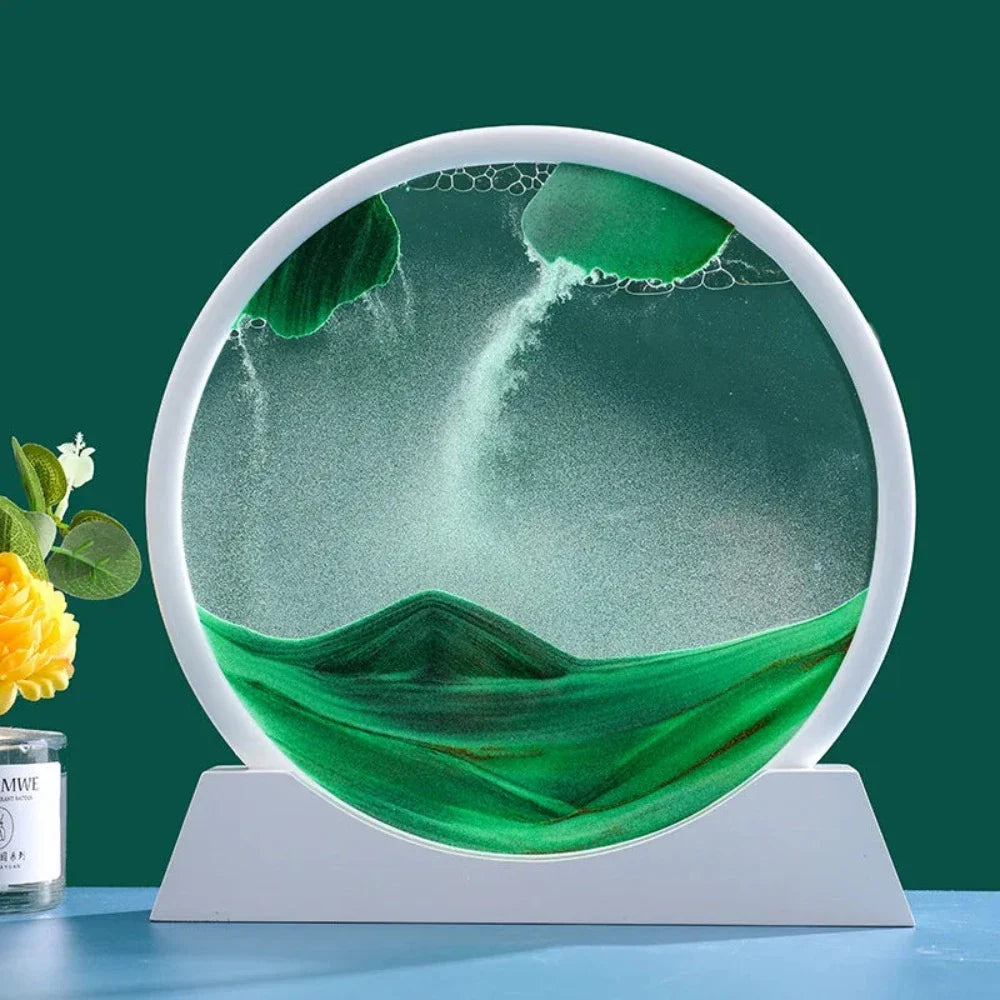 A beautiful 3D sand art piece depicting ocean waves, with layers of sand creating a mesmerizing effect, set in a round glass frame.