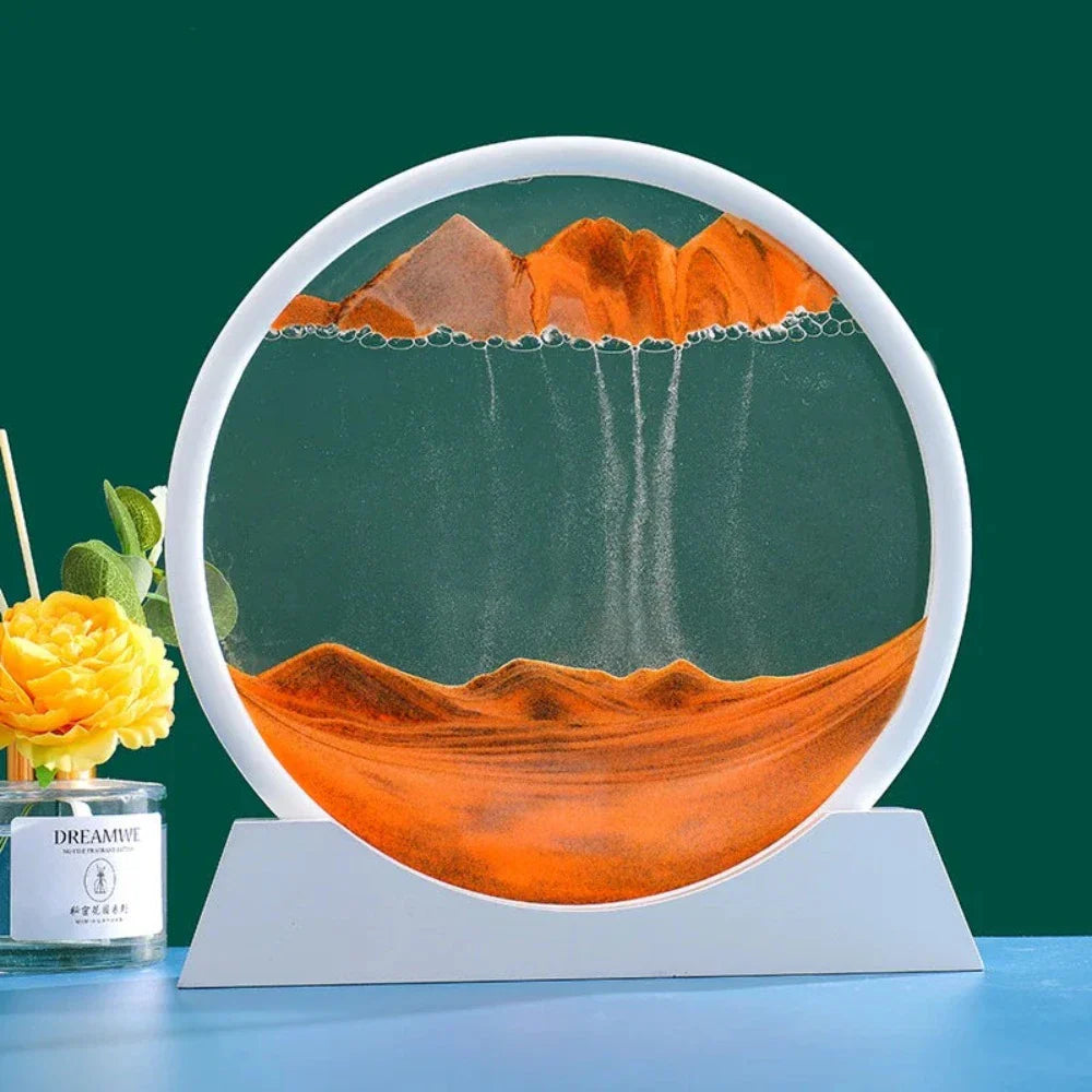 A beautiful 3D sand art piece depicting ocean waves, with layers of sand creating a mesmerizing effect, set in a round glass frame.