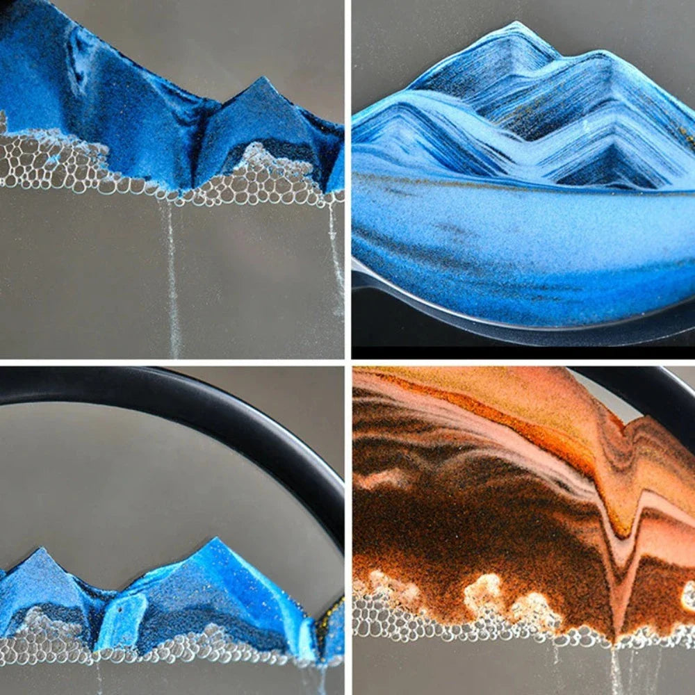 A beautiful 3D sand art piece depicting ocean waves, with layers of sand creating a mesmerizing effect, set in a round glass frame.