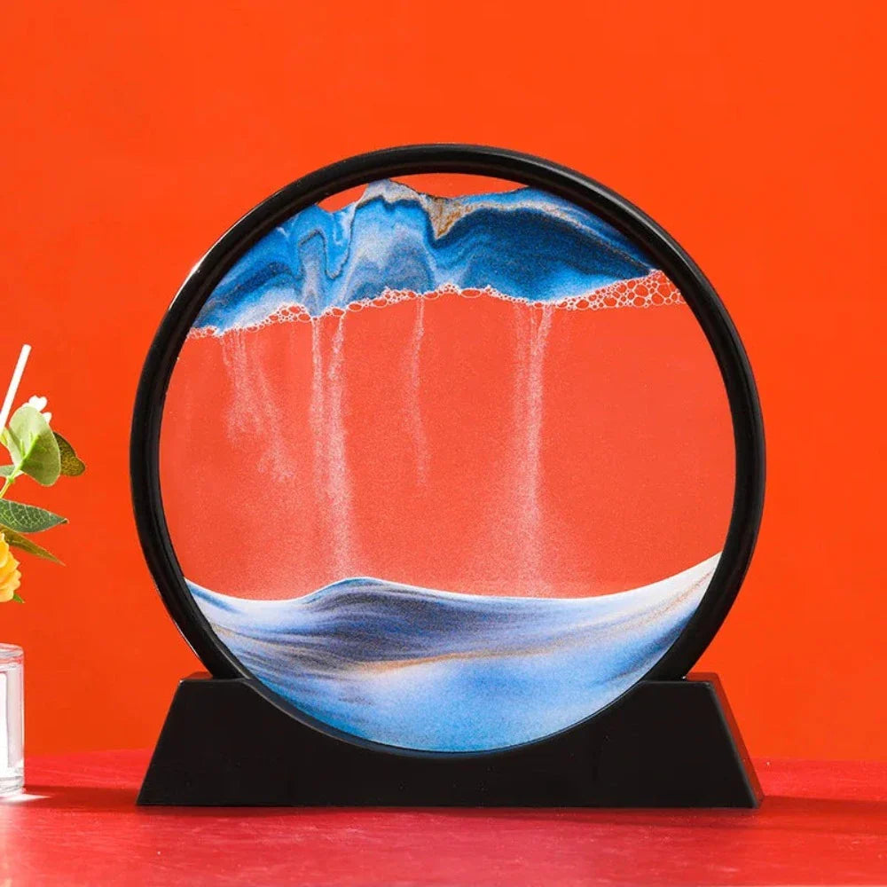 A beautiful 3D sand art piece depicting ocean waves, with layers of sand creating a mesmerizing effect, set in a round glass frame.