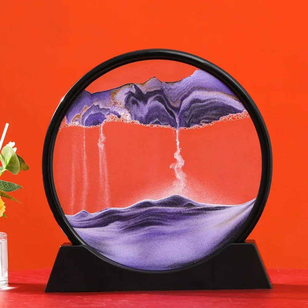 A beautiful 3D sand art piece depicting ocean waves, with layers of sand creating a mesmerizing effect, set in a round glass frame.