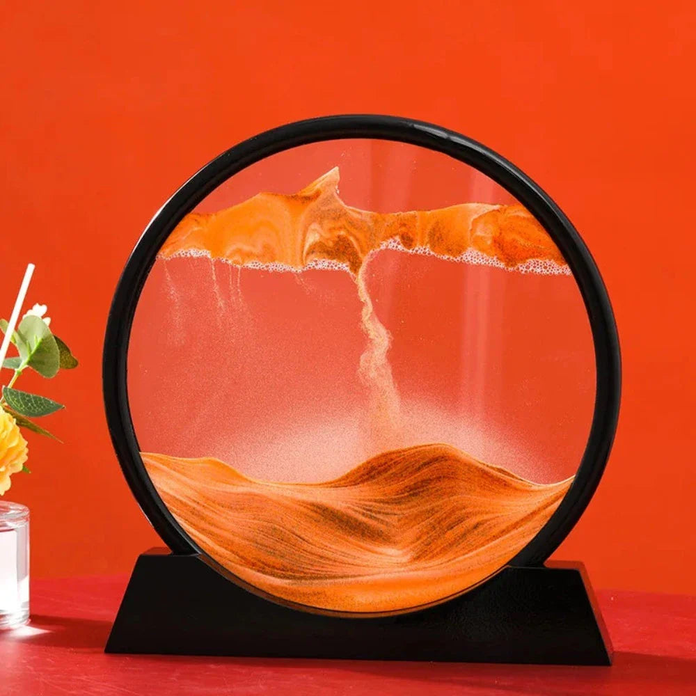 A beautiful 3D sand art piece depicting ocean waves, with layers of sand creating a mesmerizing effect, set in a round glass frame.