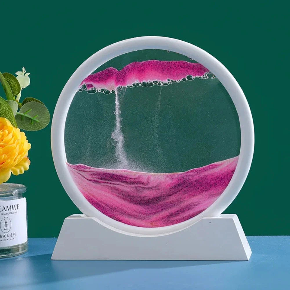 A beautiful 3D sand art piece depicting ocean waves, with layers of sand creating a mesmerizing effect, set in a round glass frame.