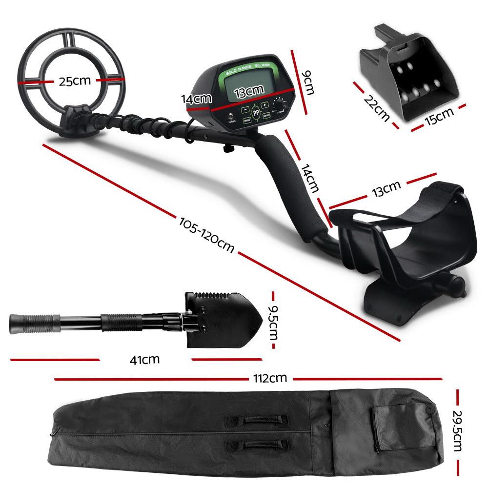 Deep Sensitive Metal Detector with LCD screen, waterproof search coil, and accessories including headphones, shovel, and sand scoop.