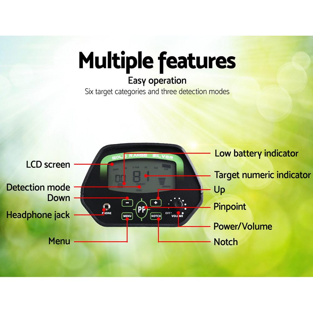 Deep Sensitive Metal Detector with LCD screen, waterproof search coil, and accessories including headphones, shovel, and sand scoop.