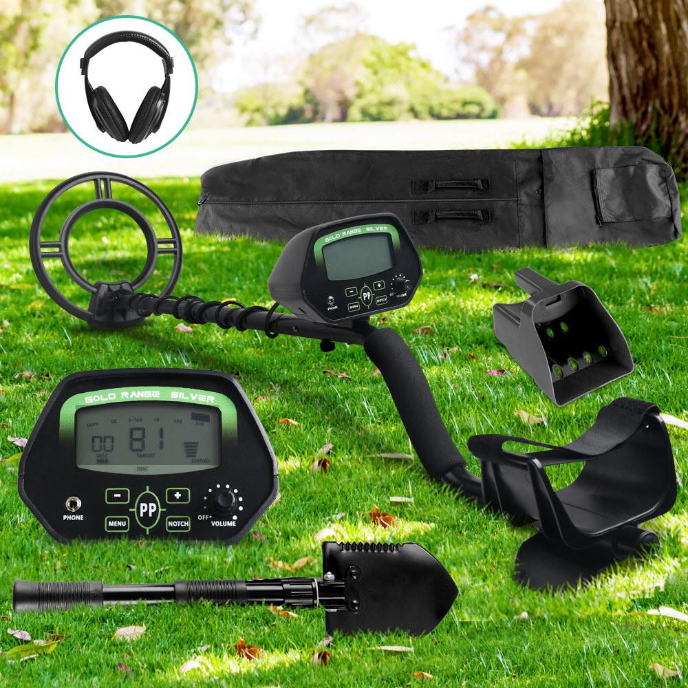 Deep Sensitive Metal Detector with LCD screen, waterproof search coil, and accessories including headphones, shovel, and sand scoop.