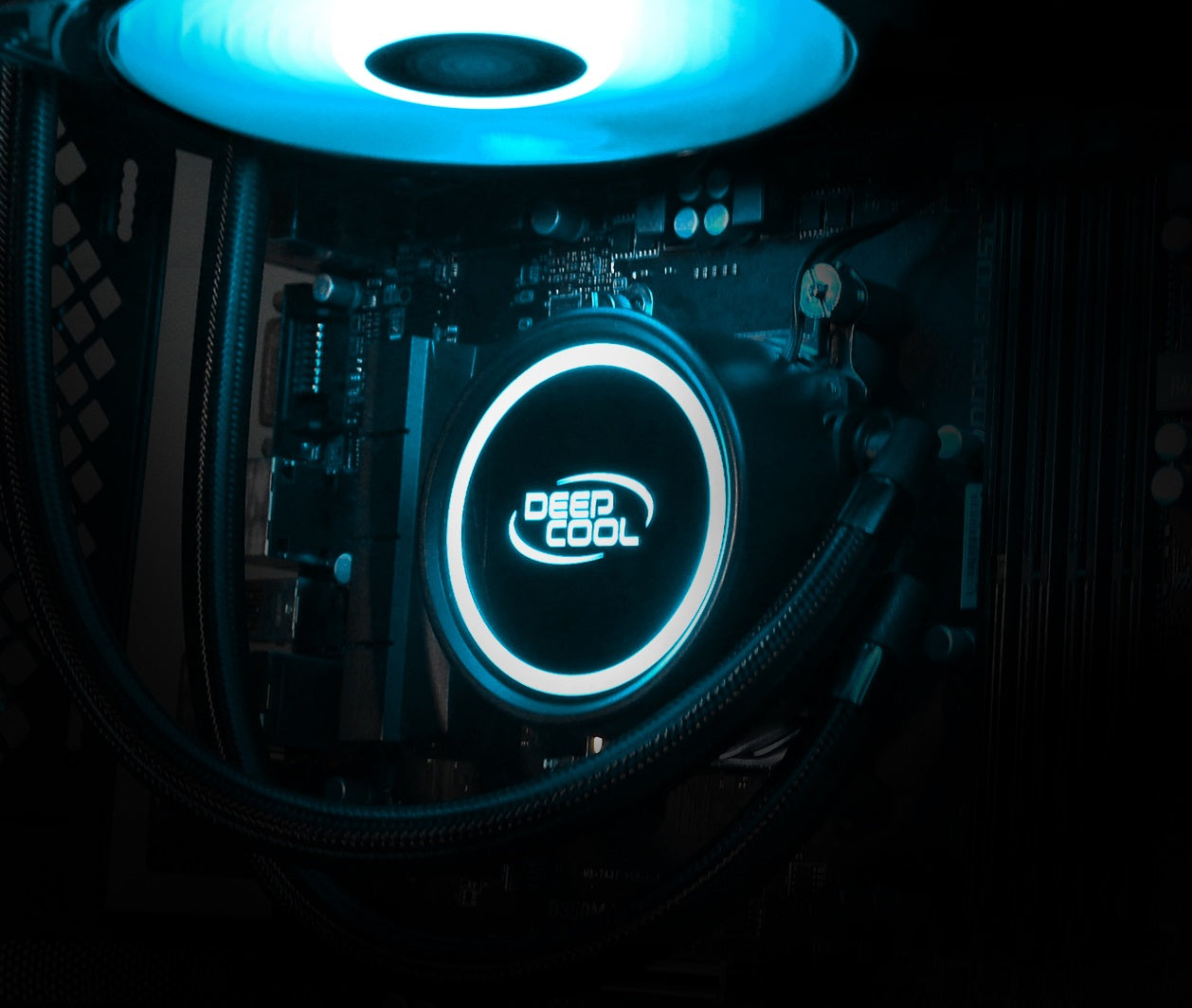 DEEPCOOL GAMMAXX L120 V2 RGB LED Liquid Cooler featuring a sleek design with vibrant RGB lighting and a 120mm fan for efficient cooling.