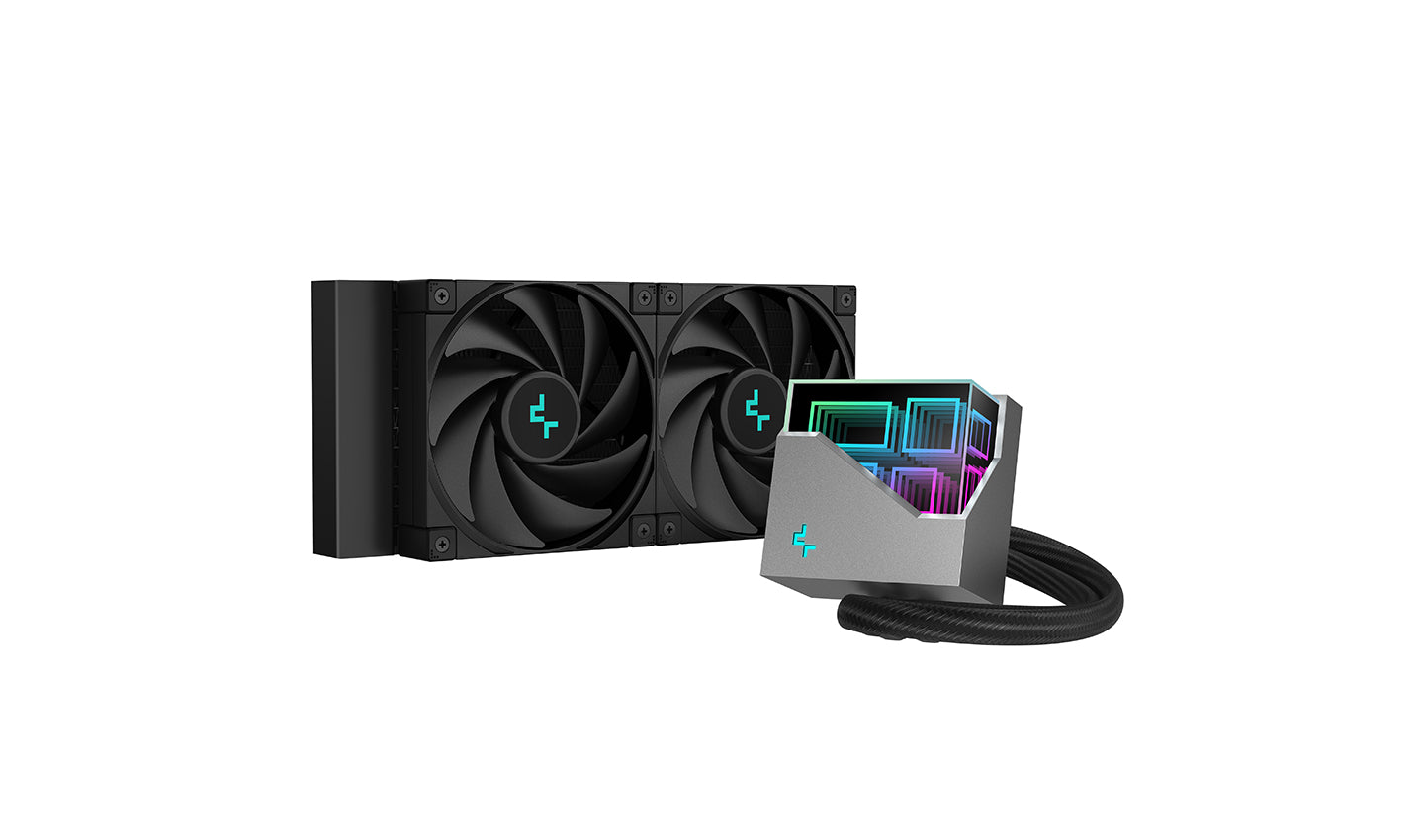 DEEPCOOL LT520 Premium Liquid CPU Cooler with 240mm radiator and FK120 fans, featuring an infinity mirror top cap.