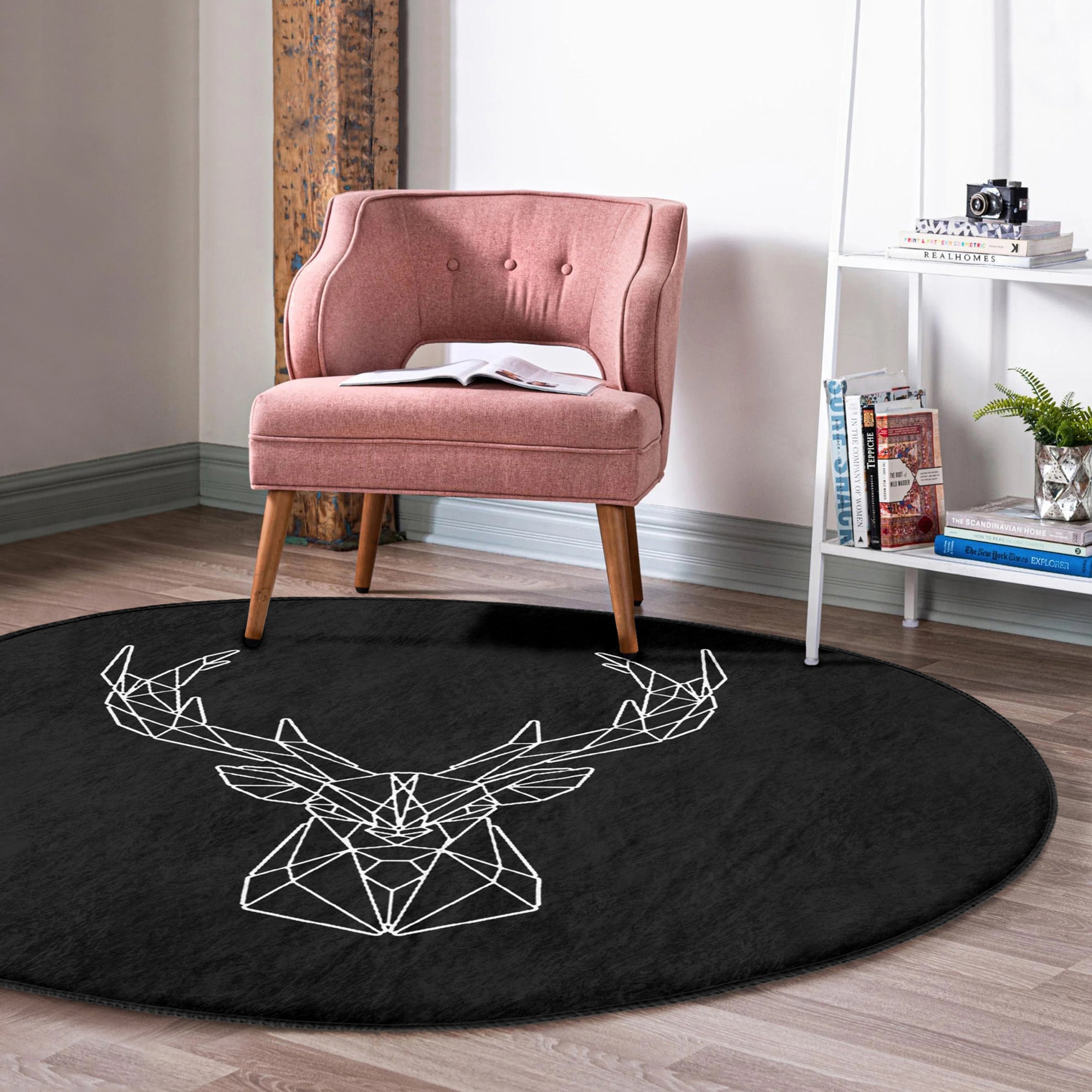 Deer Round Rug featuring a black deer pattern, soft velvet fabric, and a non-slip design, perfect for enhancing home decor.