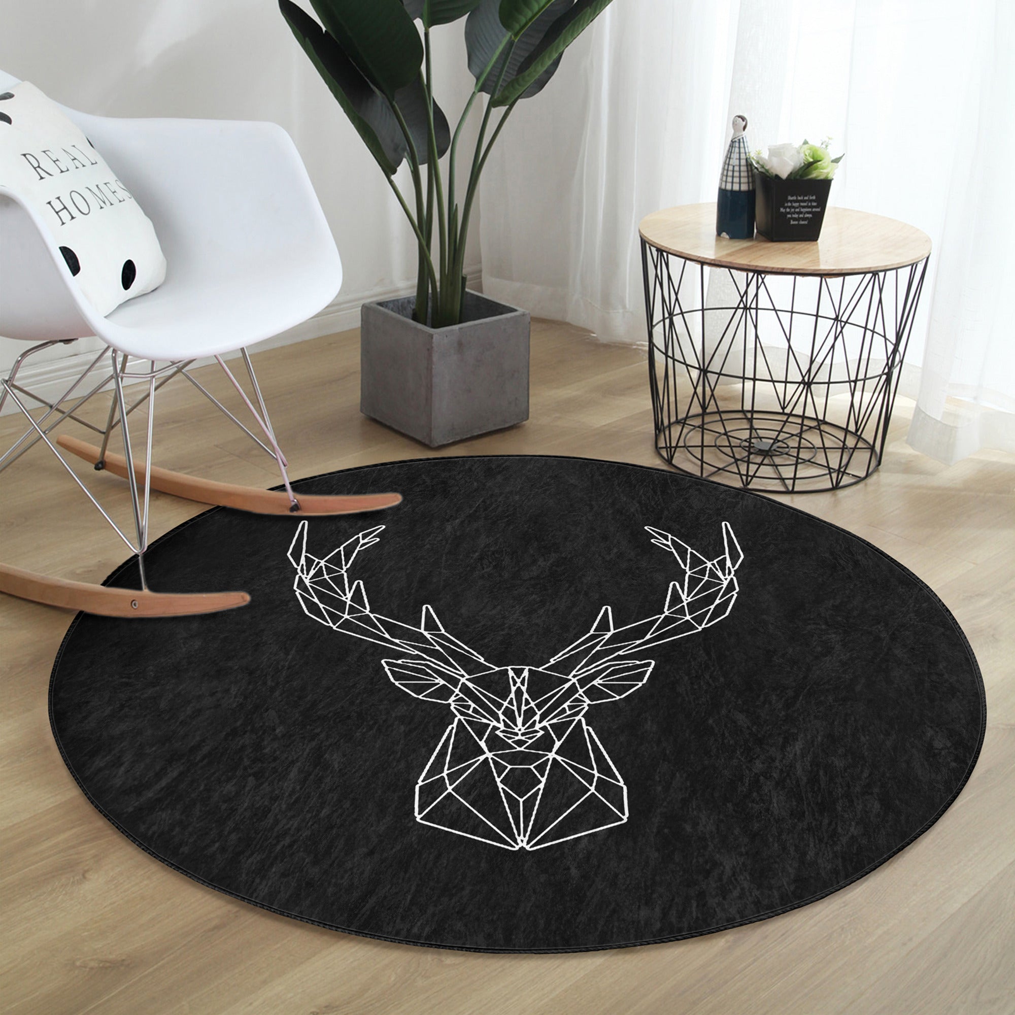 Deer Round Rug featuring a black deer pattern, soft velvet fabric, and a non-slip design, perfect for enhancing home decor.