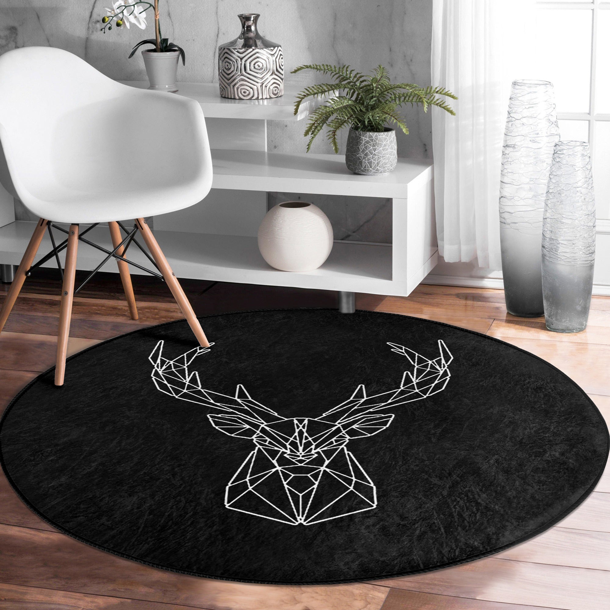 Deer Round Rug featuring a black deer pattern, soft velvet fabric, and a non-slip design, perfect for enhancing home decor.