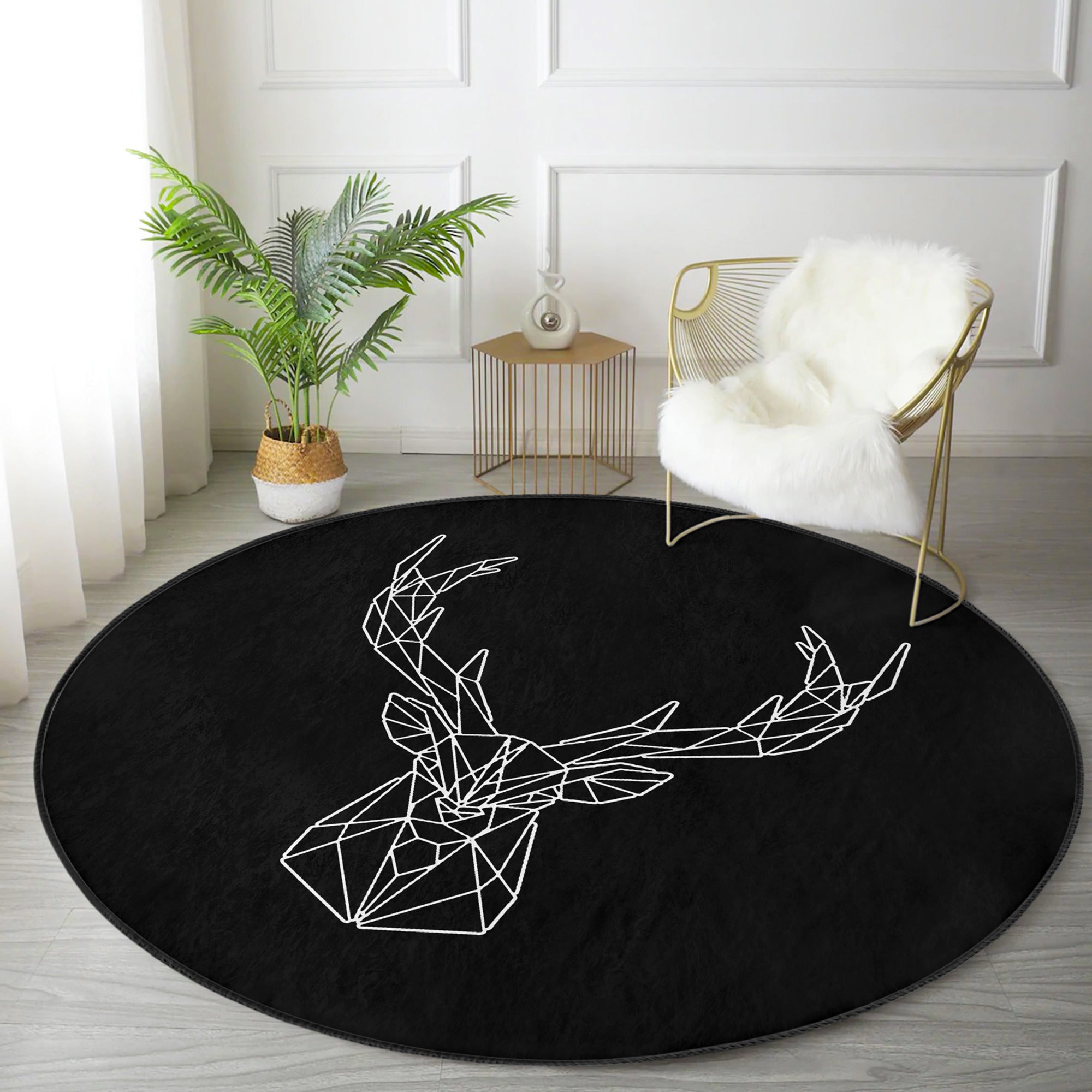 Deer Round Rug featuring a black deer pattern, soft velvet fabric, and a non-slip design, perfect for enhancing home decor.