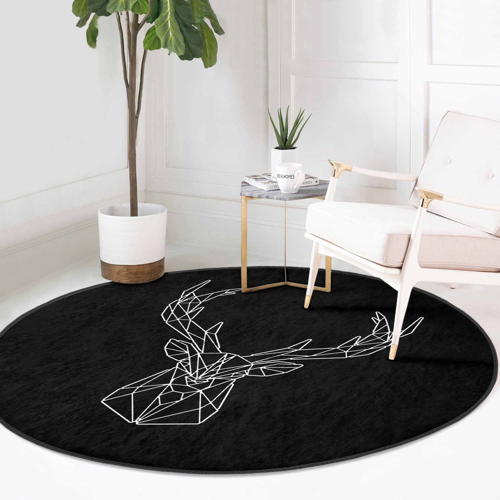 Deer Round Rug featuring a black deer pattern, soft velvet fabric, and a non-slip design, perfect for enhancing home decor.