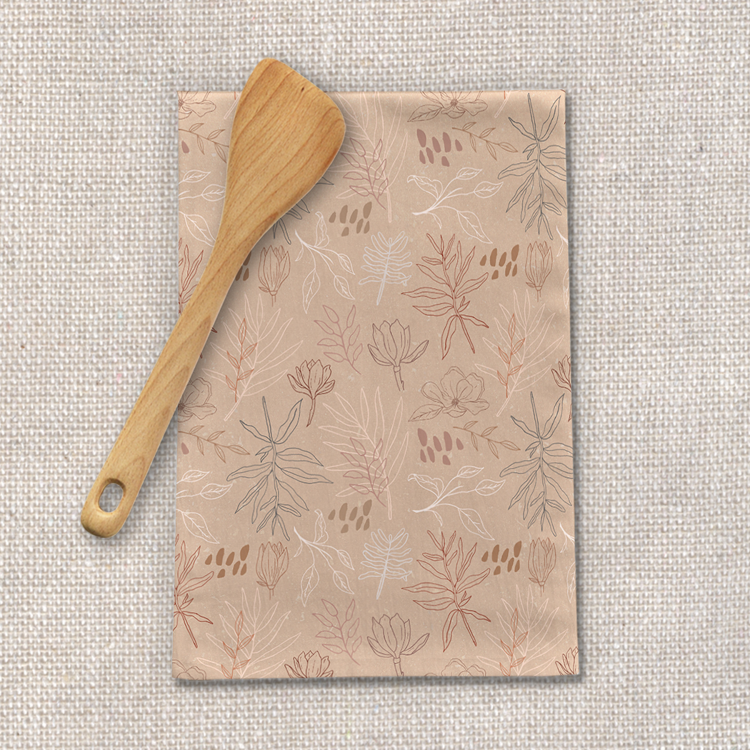 Desert Leaf Tea Towel featuring a beautiful leaf design, made from durable cotton twill, perfect for kitchen use.