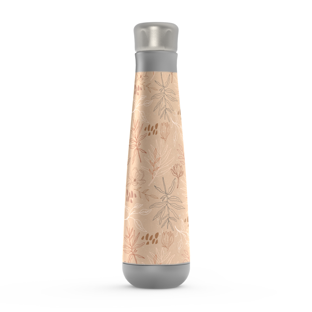 Desert Leaf Water Bottle in stainless steel with a sleek design, showcasing its 16oz capacity and vacuum insulation feature.