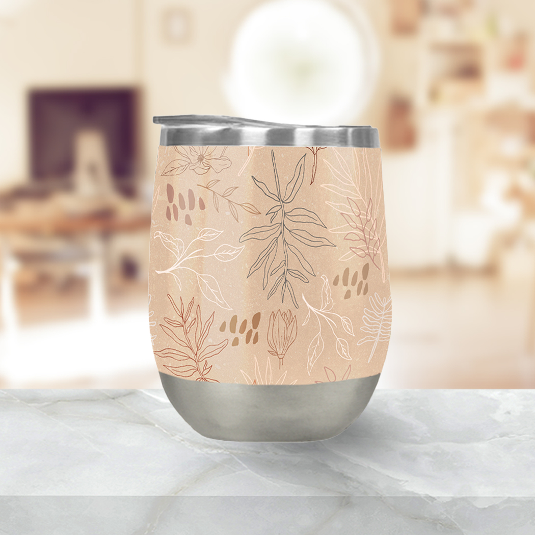 Desert Leaf Wine Tumbler in stainless steel with a stylish design, perfect for outdoor use and keeping beverages cool.