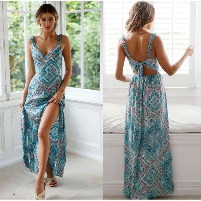 A stylish designer women's sexy backless dress featuring a bohemian floral print, ankle-length design, and spaghetti straps, perfect for summer occasions.