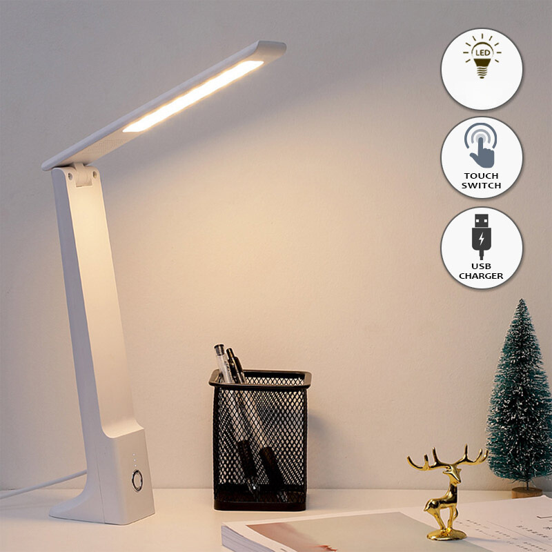 ANDREE rechargeable LED desk lamp in white, featuring adjustable arm and touch switch for light intensity and hue.