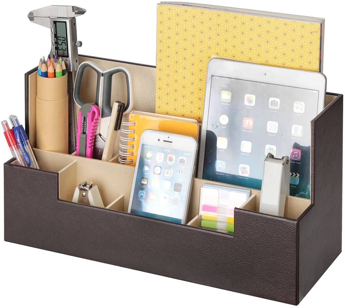 Brown Desk Supplies Office Organizer Caddy with 9 compartments for stationery and cosmetics, made of high-quality synthetic leather.