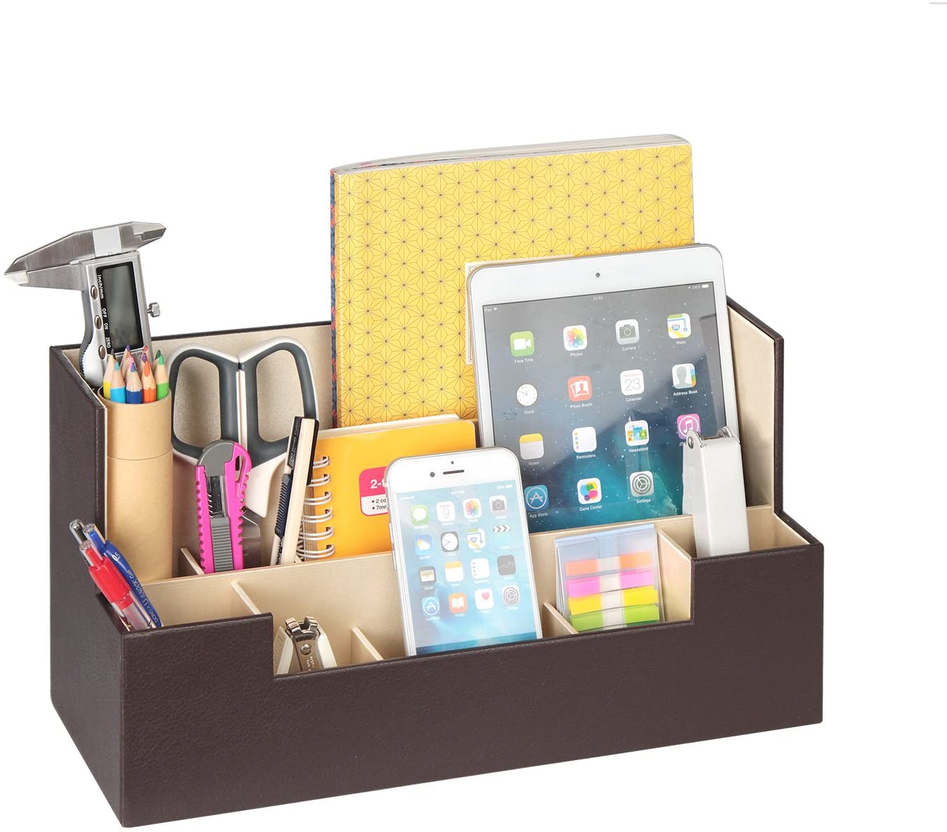 Brown Desk Supplies Office Organizer Caddy with 9 compartments for stationery and cosmetics, made of high-quality synthetic leather.