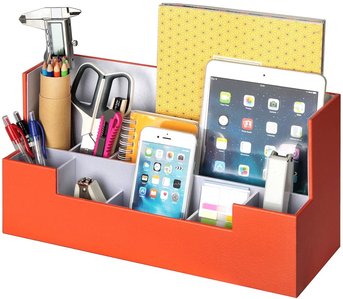 Orange desk supplies office organizer caddy with multiple sections for storage, made of high-quality leather.