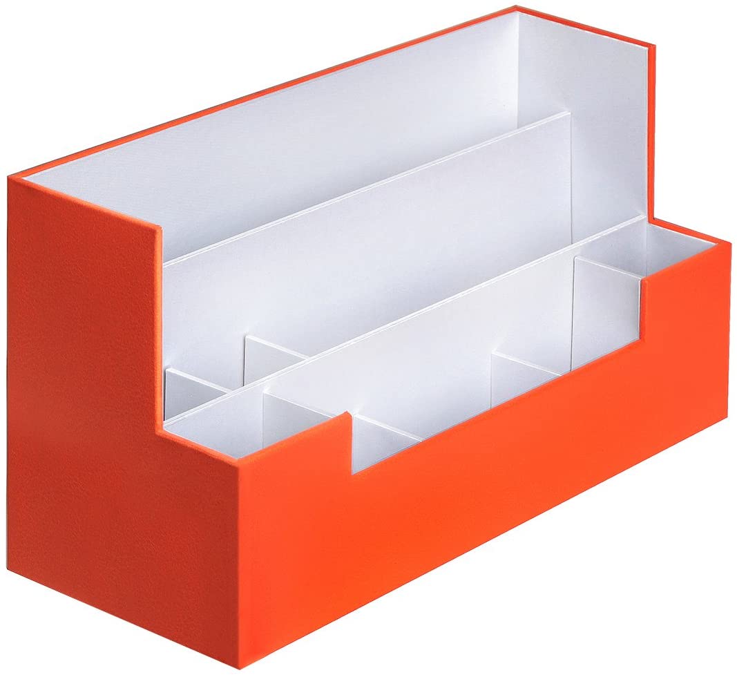 Orange desk supplies office organizer caddy with multiple sections for storage, made of high-quality leather.