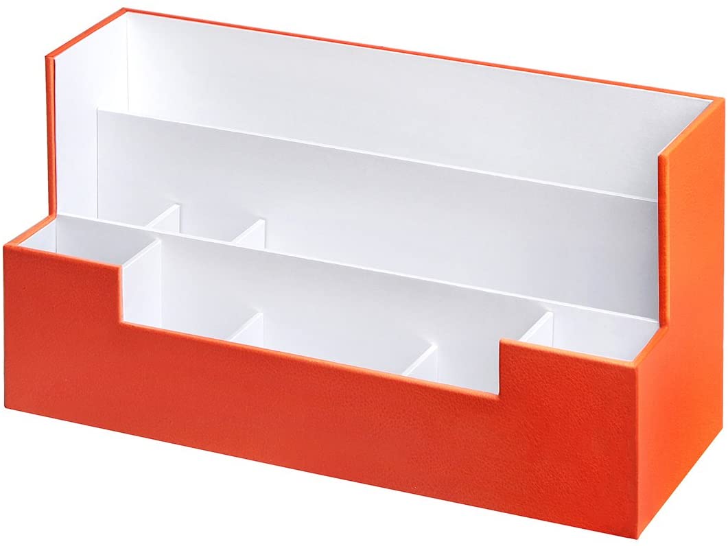 Orange desk supplies office organizer caddy with multiple sections for storage, made of high-quality leather.