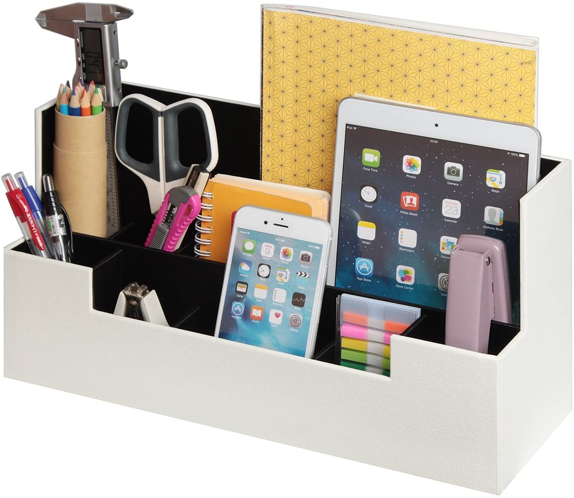 White Desk Supplies Office Organizer Caddy with 9 compartments for efficient storage of stationery and cosmetics.