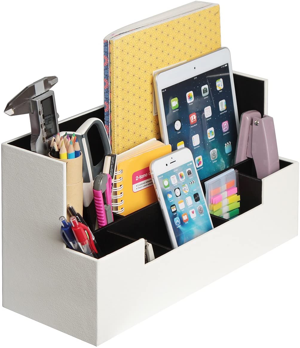 White Desk Supplies Office Organizer Caddy with 9 compartments for efficient storage of stationery and cosmetics.