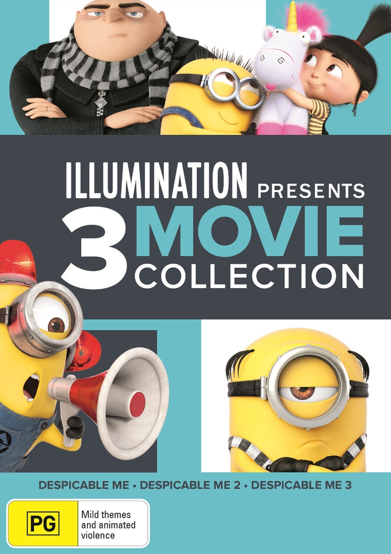 Despicable Me DVD trilogy featuring Gru and Minions on the cover.